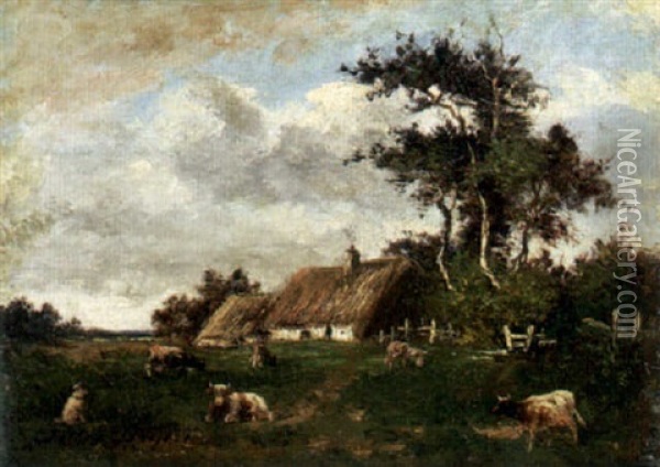 Cows Grazing By A Thatched Cottage Oil Painting - Jules Dupre
