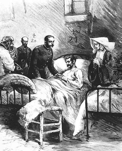 Alfonso XII visiting a cholera hospital at Aranjuez Oil Painting - Juan Comba y Garcia