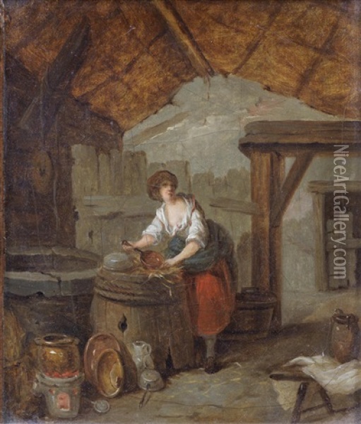 A Kitchen Interior With A Young Woman Cleaning Copper Pans; And A Kitchen Interior With A Young Woman Holding A Basket (2) Oil Painting - Marc Antoine Bilcoq