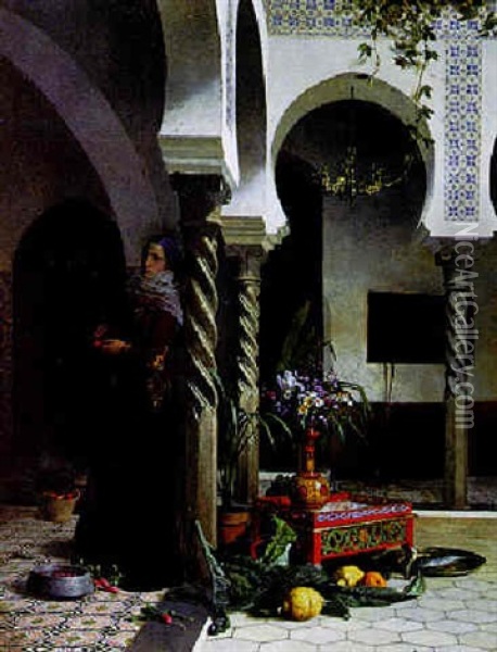 Woman In An Interior In Algiers Paring Vegetables Oil Painting - David Emile Joseph de Noter