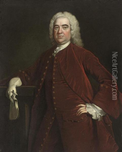 Speke Of Curry Revel And White 
Lackington, Three-quarter-length, In A Red Velvet Coat And Waistcoat, 
Gloves In His Right Hand Oil Painting - Thomas Hudson