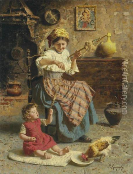 Spinning In The Kitchen Oil Painting - Eugenio Zampighi