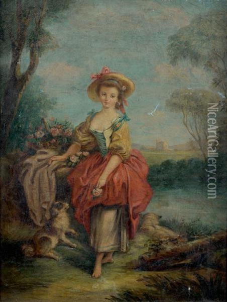 Jeune Fille Tenant Une Rose Pres D'une Riviere Oil Painting - Jean-Baptiste Huet I