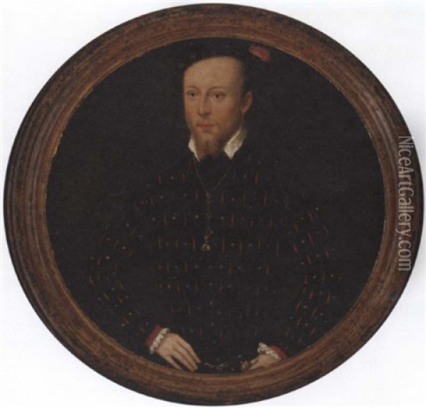 Portrait Of The Comte Lamoral D'egmont, Prince De Gavere, In A Black Doublet Slashed With Red With White Collar And Cuffs And Black Cap With Red Feather, Wearing The Order Of The Golden Fleece Oil Painting - Frans Pourbus the younger