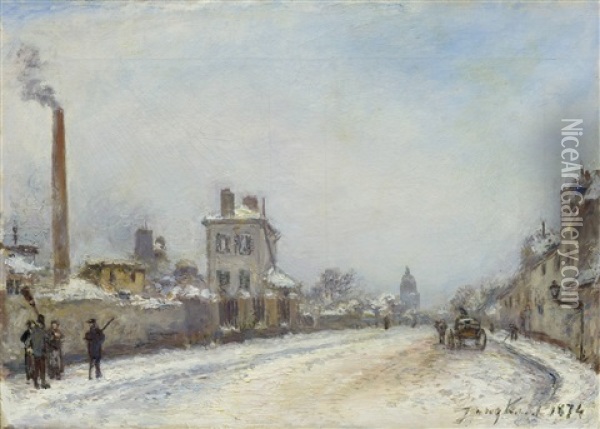 Street Scene In Paris In Winter: Rue Notre-dame-des-champs Mit Dem Dom Val-de-grace Im Hintergrund Oil Painting - Johan Barthold Jongkind