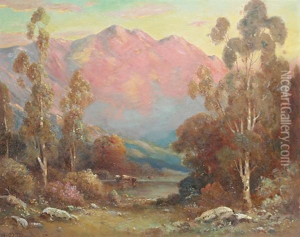 Cattle Watering With Pink Mountains In The Distance Oil Painting - Alexis Matthew Podchernikoff