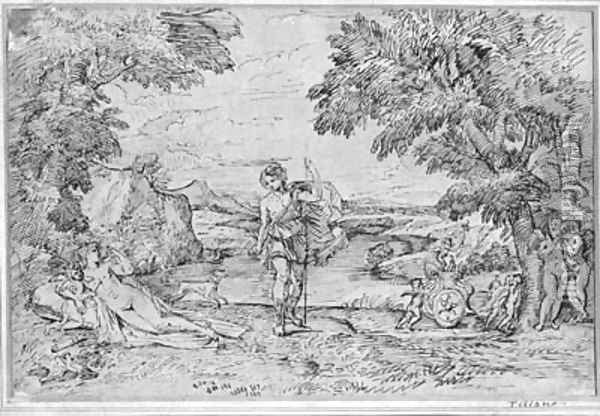 Venus and Adonis with Cupid and putti by a chariot in an extensive landscape, after Albani Oil Painting - Michel des Gobelins Corneille