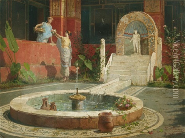 Maidens In A Roman Atrium Oil Painting - Luigi Bazzani