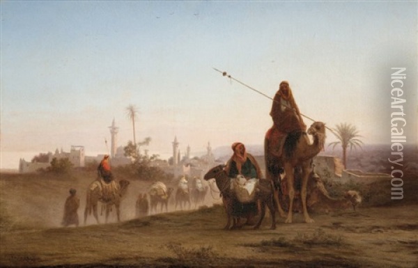 Caravaniers Aux Abords D'une Ville Du Levant Oil Painting - Charles Theodore (Frere Bey) Frere