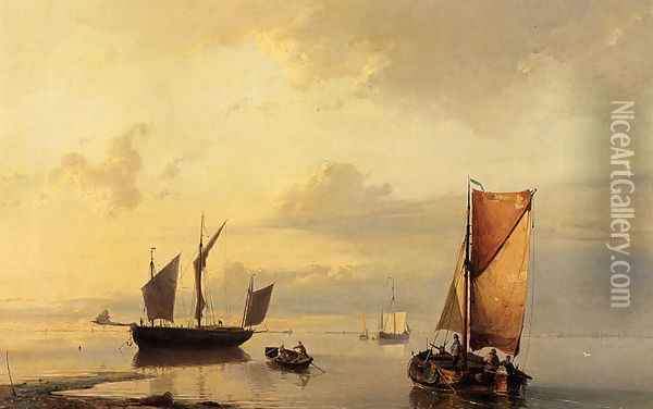 Shipping In A Calm Oil Painting - Johannes Hermanus Koekkoek Snr