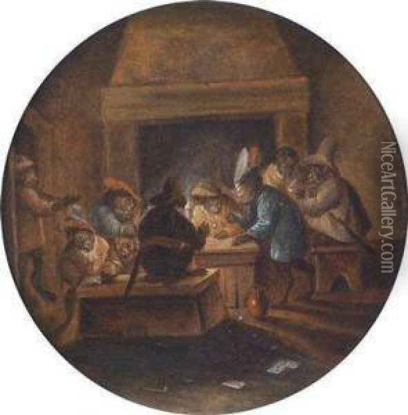 Monkeys Playing Cards In A Guardroom Oil Painting - Ferdinand van Kessel