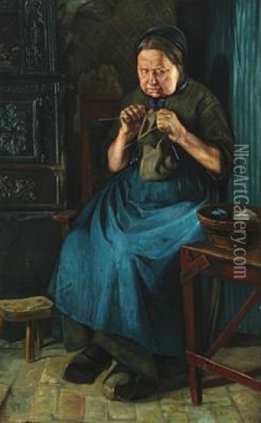 Interior With Old Knitting Woman Oil Painting - Emmery Rondahl