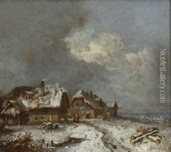 Winterliches Dorf (die Hauser Von Forstenried) Oil Painting - Heinrich Buerkel