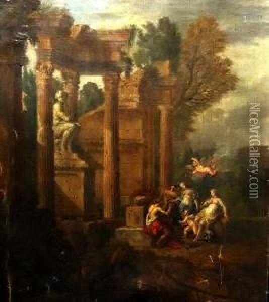 Figures Amongst Ruins With A Statue Oil Painting - Giovanni Niccolo Servandoni