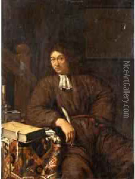 Portrait Of A Gentleman, Three-quarter Length, Sitting Holding A Quill Besides A Table Oil Painting - Pieter Cornelisz. van SLINGELANDT