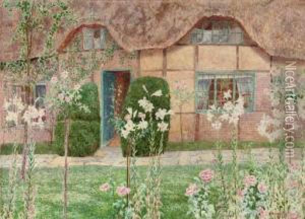 A Thatched Cottage With Arum Lilies And Roses Oil Painting - John George Sowerby