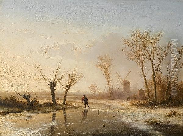 Winter Landscape With Skating Figure Oil Painting - Pieter Lodewijk Francisco Kluyver