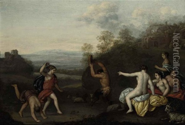 Nymphs And A Satyr Dancing In A Landscape, Ruins Beyond Oil Painting - Cornelis Van Poelenburgh