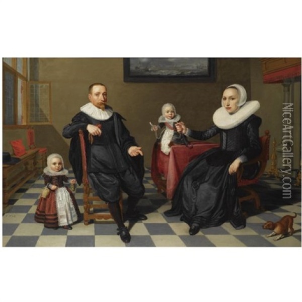 A Portrait Of A Gentleman And His Wife Seated At A Table With Their Two Young Children, In An Interior With A Marine Painting On The Wall In The Background Oil Painting - Jan Daemen Cool