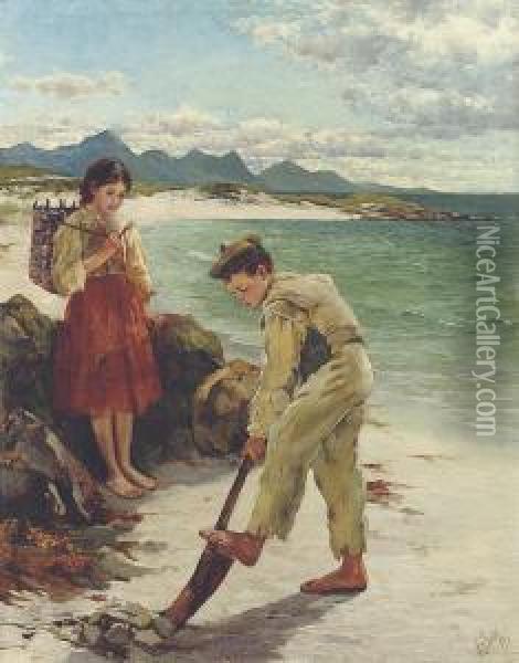 On The Beach, Connemara Oil Painting - William Henry Bartlett