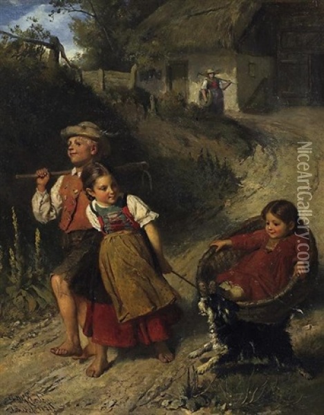 Spielende Bauernkinder Auf Dem Weg Zum Feld Oil Painting - Adolf Eberle