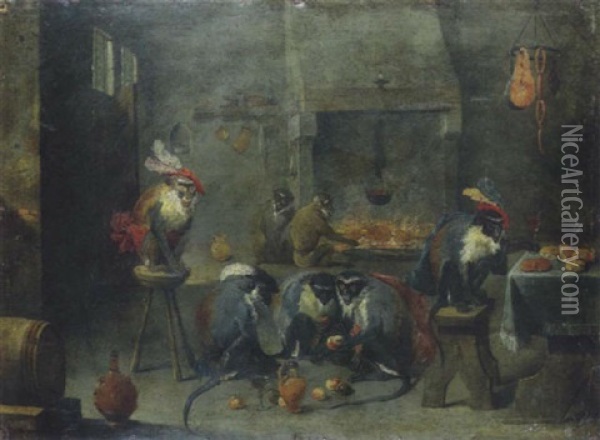 Les Singes A L'auberge Oil Painting - Ferdinand van Kessel