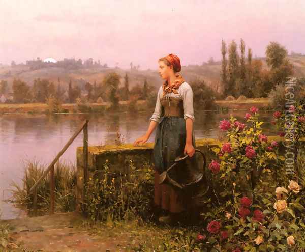 A Woman With A Watering Can By The River Oil Painting - Daniel Ridgway Knight
