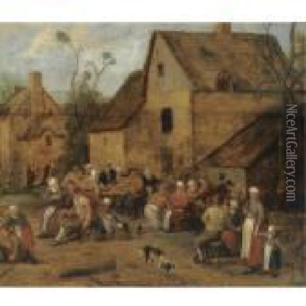 A Village Scene With Peasants Playing Games Outside An Inn Oil Painting - Joost Cornelisz. Droochsloot
