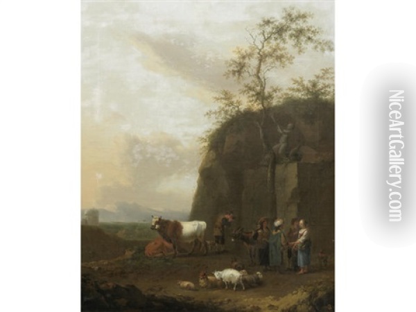 Figures And Animals By A Rocky Outcrop Oil Painting - Abraham Jansz. Begeyn