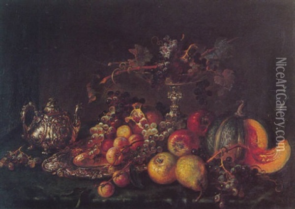 Fruchtestilleben Mit Silberkanne Oil Painting - Ludwig Adam Kunz