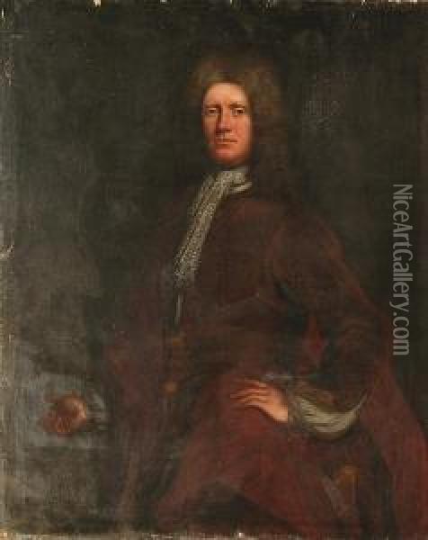 A Portrait Of A Gentleman 
Standing, Three Quarter Length, With Powdered Wig And Lace Jabot And 
Russet Coat Oil Painting - Enoch Seeman