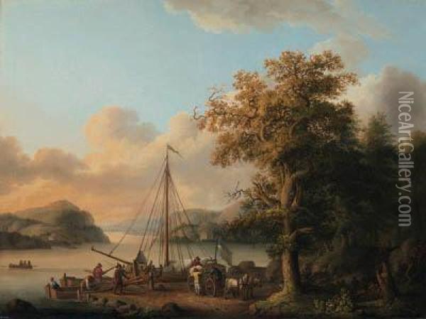 A Swedish River Landscape With Peasants Unloading A Boat Oil Painting - Jacob Philipp Hackert