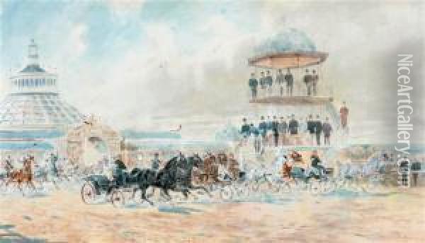 Carriage Racing With Kaiser Franz Joseph I Looking On From Thestands Oil Painting - Hans Gottfried Wilda