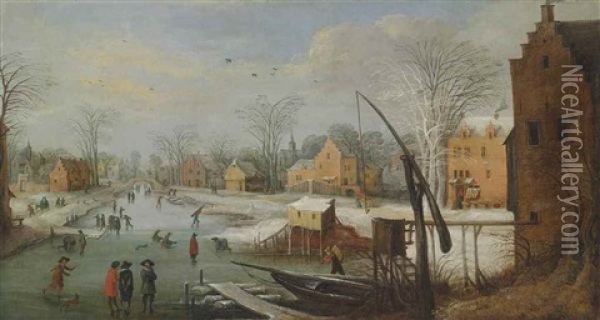 A Winter Townscape With Figures On A Frozen River And The Flight Into Egypt Oil Painting - Joos de Momper the Younger