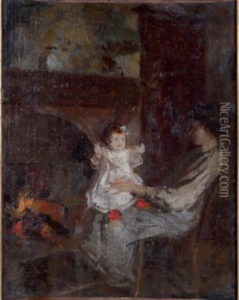 Madame Henri Rouart Et Sa Fille Helene Sur Les Genoux, A La Queue-en-brie Oil Painting - Henri Stanislaus Rouart