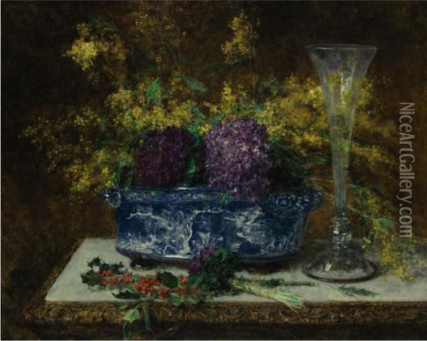 Still Life With Flowers And Holly Oil Painting - Alexei Alexeivich Harlamoff