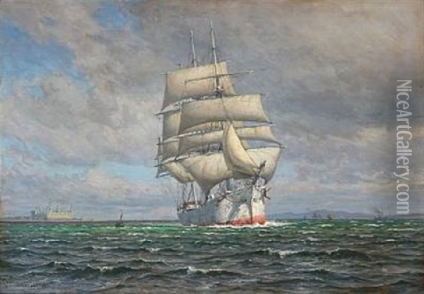 Seascape With A Sailing Ship And Kronborg Castle In The Background Oil Painting - Vilhelm Karl Ferdinand Arnesen