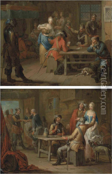Soldiers Playing Cards In An Inn; And Soldiers Merrymaking In Aninn Oil Painting - Franz Christoph Janneck