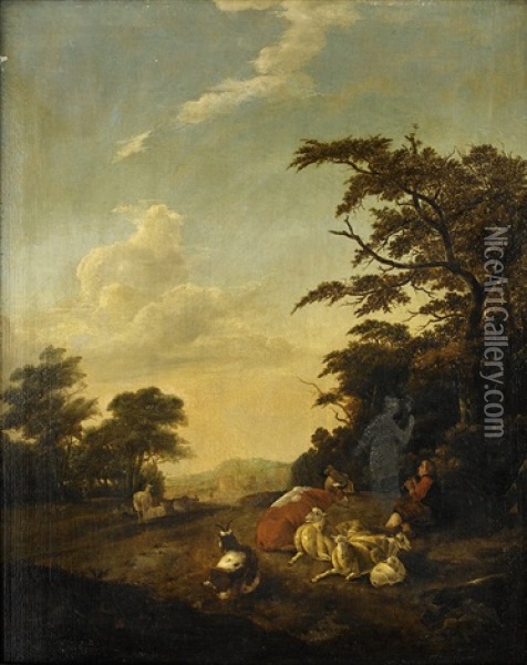Landscape With Shepherd And Cattle Oil Painting - Roelof van Vries
