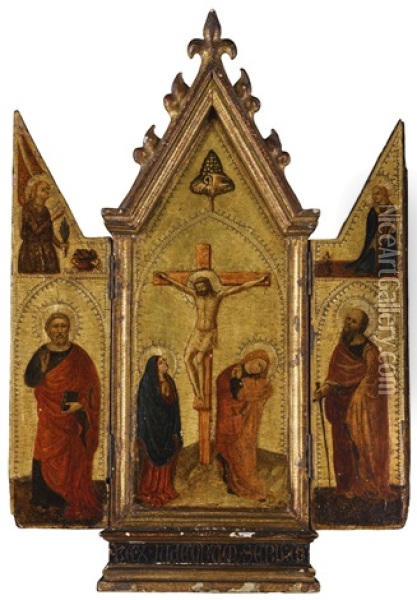 A Portable Triptych, With The Crucifixion, The Annunciation, Two Saints And The Pelican In Her Piety Oil Painting - Bernardo Daddi