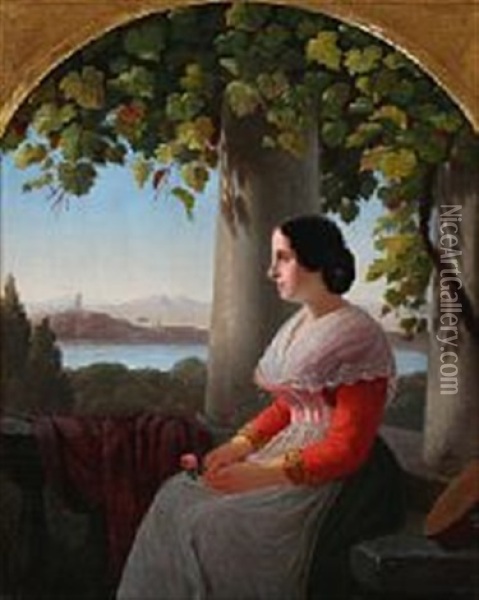 The Grapevines Provide Shade For A Woman In A Loggia On Capri Oil Painting - Julius Friedlaender
