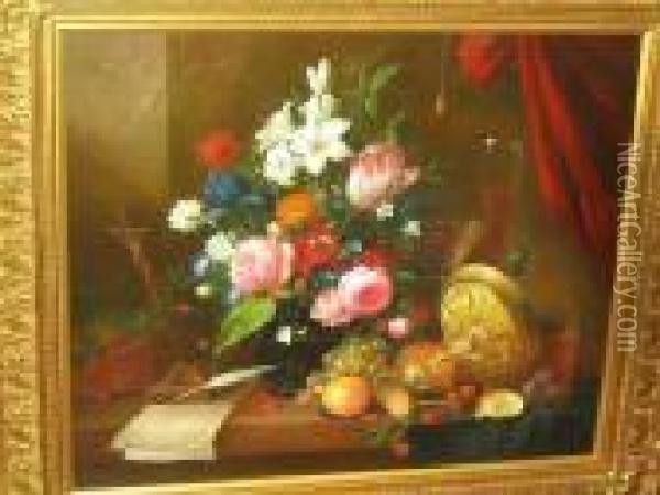 Still Life Of Flowers, Fruit, Metal Tazza, Wine Glasses And Quill On A Ledge Oil Painting - Thomas Webster
