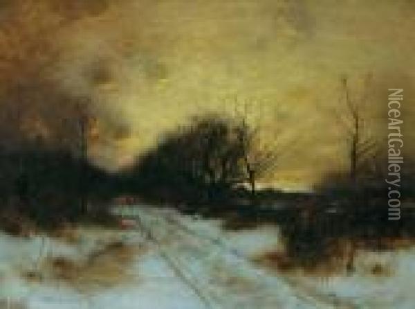 Snowy Landscape At Dusk Oil Painting - Bruce Crane