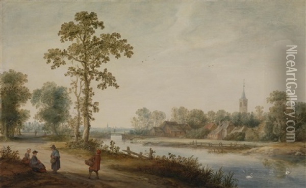 Kanallandschaft, Im Hintergrund Eine Stadt (haarlem Oder Leiden) Oil Painting - Reyer Claesz Suycker
