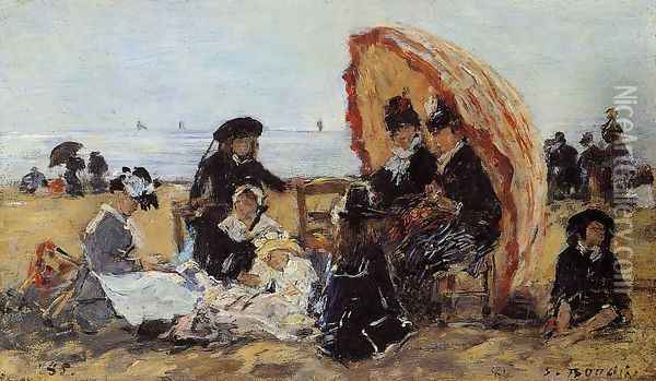Trouville, on the Beach Sheltered by a Parasol Oil Painting - Eugene Boudin