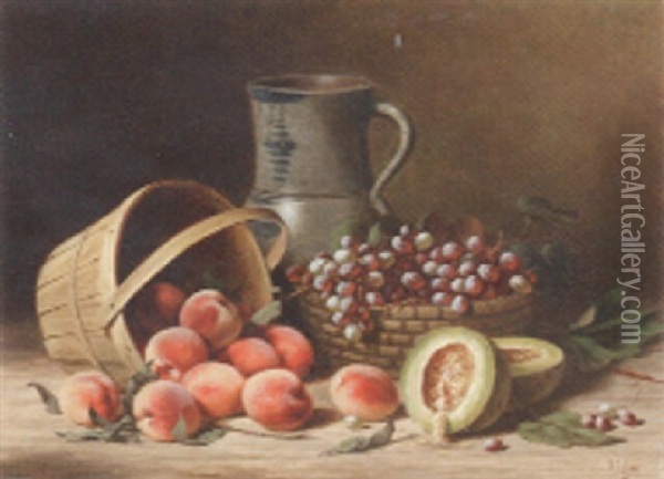 Still Life With Peaches, Grapes, Melon And Pitcher Oil Painting - Albert Francis King