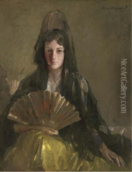 Portrait Of A Woman With A Fan Oil Painting - Alfred Hayward