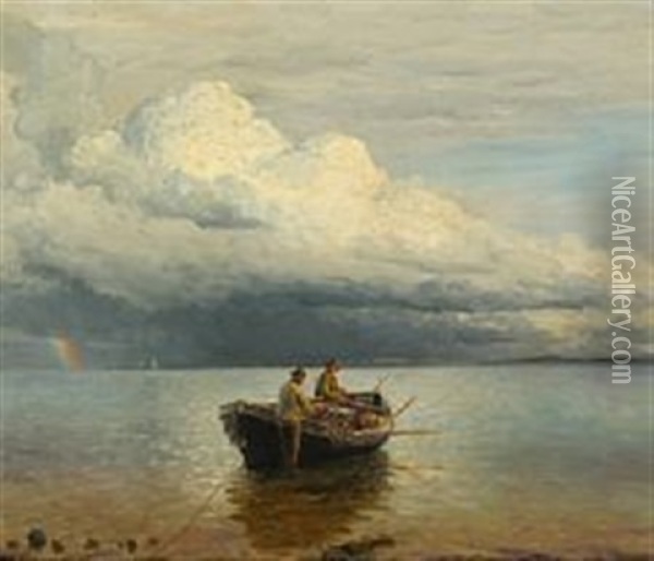 Fishermen By Their Boat,  On The Horizon A Rainbow Oil Painting - Holger Luebbers