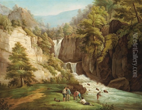 Gebirgsschlucht Mit Einem Wasserfall Und Figuren Oil Painting - Joseph Anton Koch