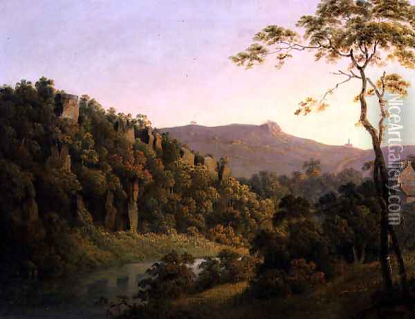 View in Matlock Dale, Looking Towards Black Rock Escarpment, c.1780-5 Oil Painting - Josepf Wright Of Derby